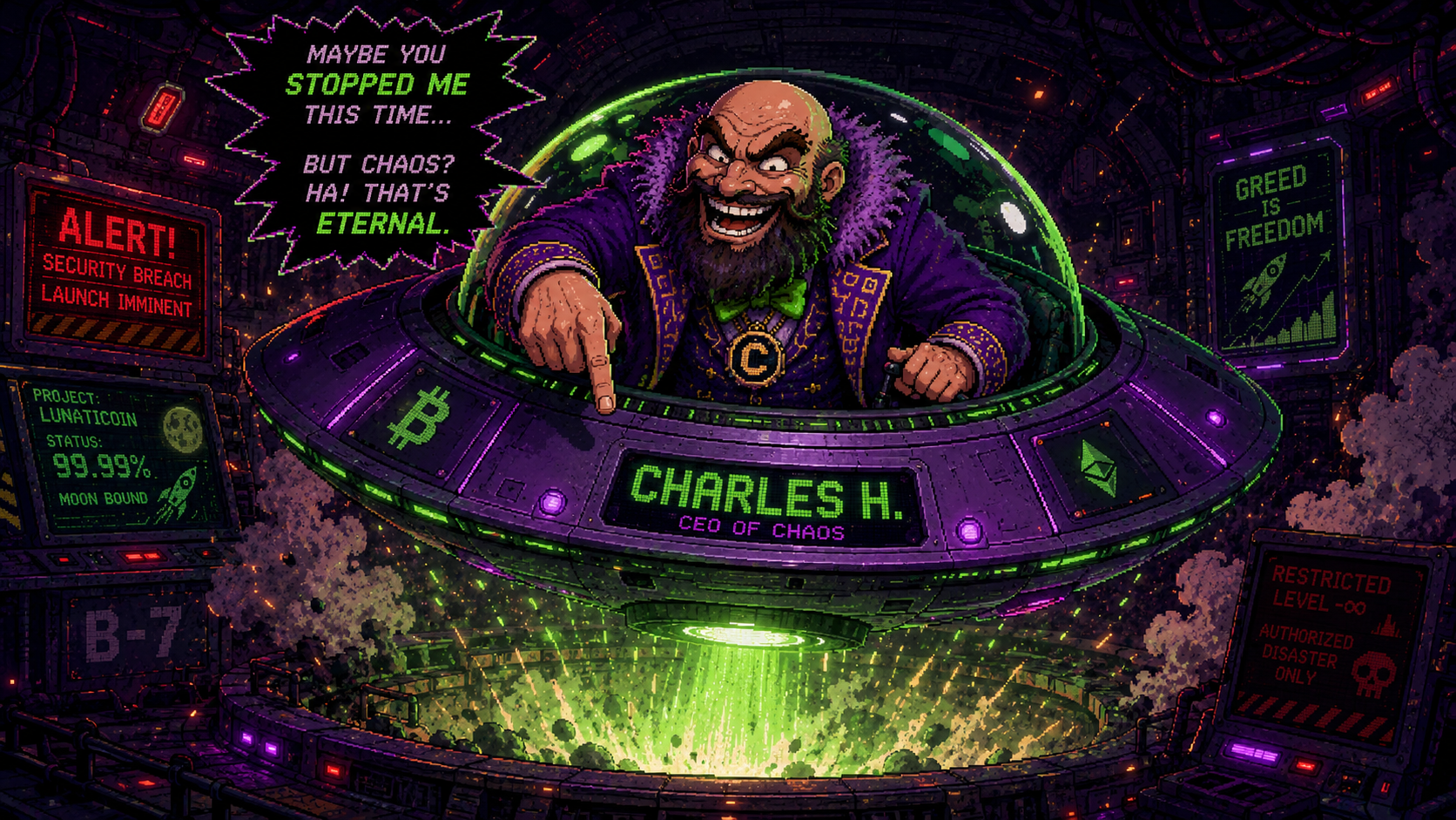 Pixel art villain hovering over a sci-fi launch site